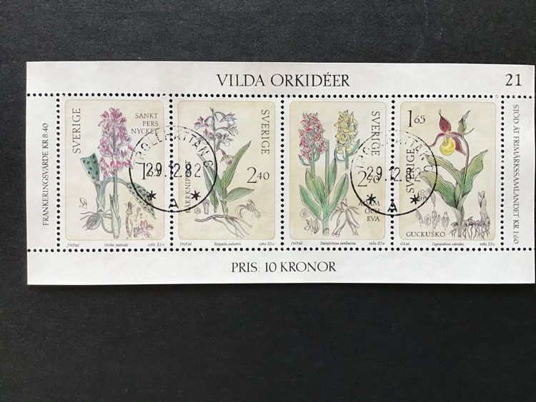 VILDA ORKIDEER facit nr 1222-1225 lyxstämplat block TROLLHÄTTAN 6