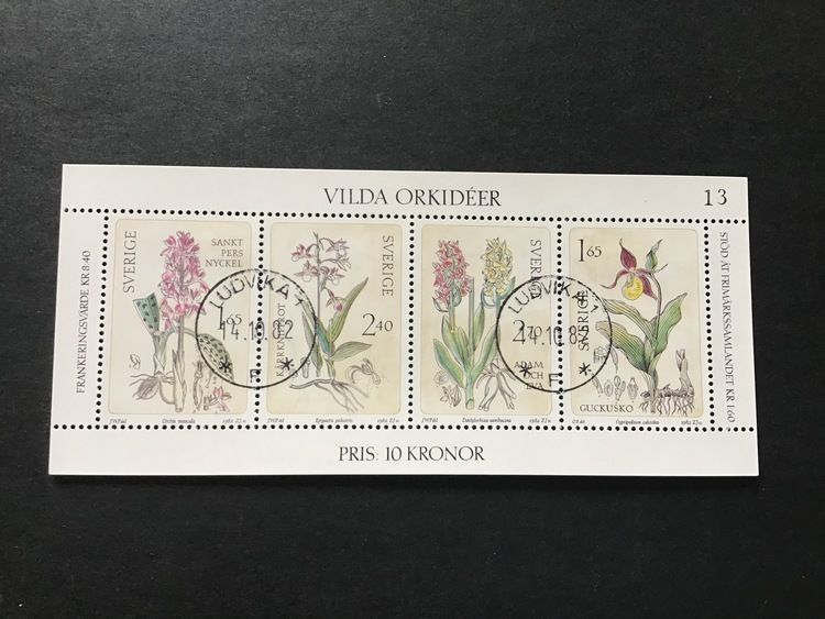 VILDA ORKIDEER facit nr 1222-1225 lyxstämplat block LUDVIKA 1