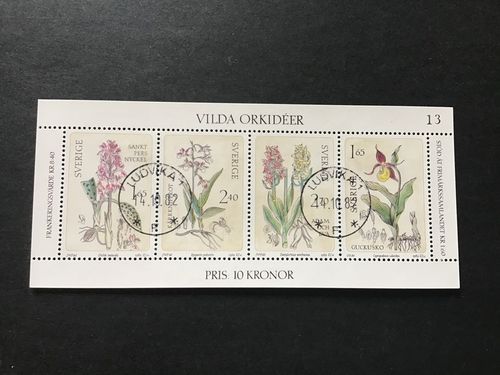 VILDA ORKIDEER facit nr 1222-1225 lyxstämplat block LUDVIKA 1