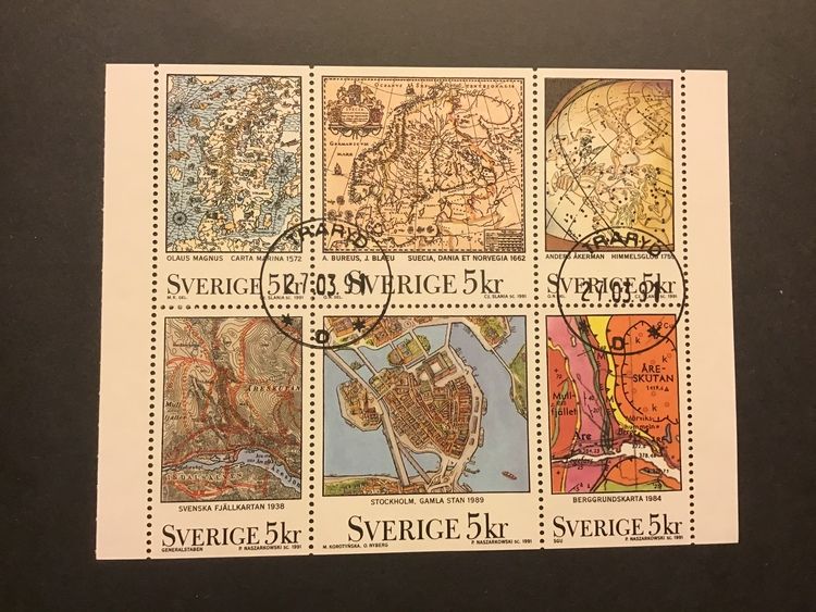 SVENSKA KARTOR 1991 facit nr 1672-1677 lyxstämplat block TRARYD