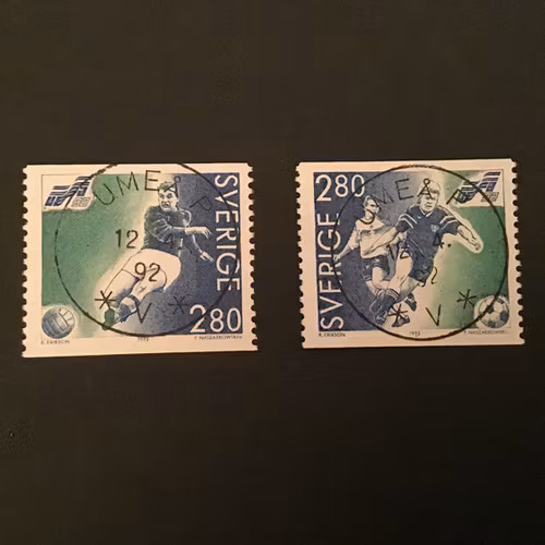EM I FOTBOLL 1992 facit nr 1732+1733 LYXSTÄMPLAD SERIE UMEÅ P