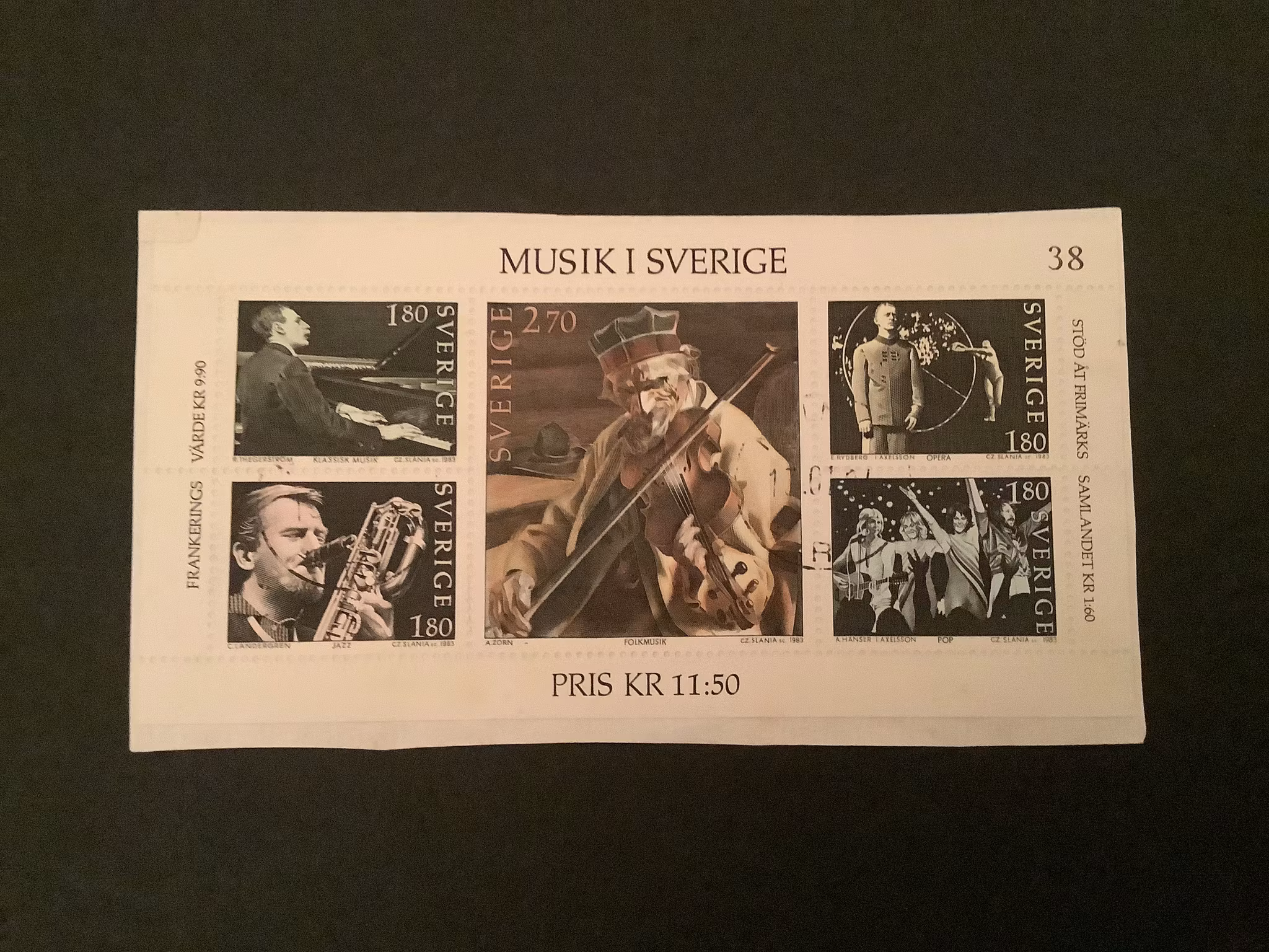 MUSIK I SVERIGE 1983 STÄMPLAT BLOCK facit nr 1270-1274 PÅ KLIPP