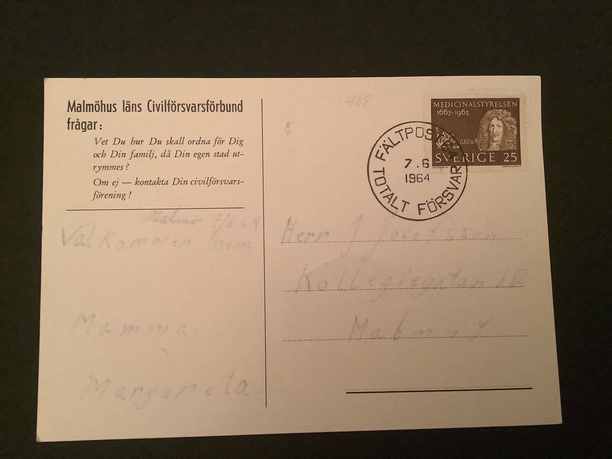 VYKORT STÄMPLAT FÄLTPOST 64 TOTALFÖRSVAR