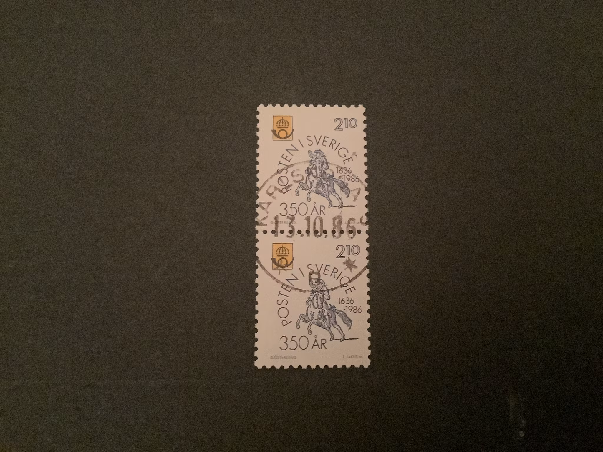 Postverket 350 år facit nr 1398  lyxstämplat par KARLSKRONA