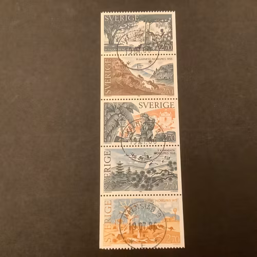 Nobelpris Litteratur facit nr 1381-1385  lyxstämplat block HALMSTAD 3