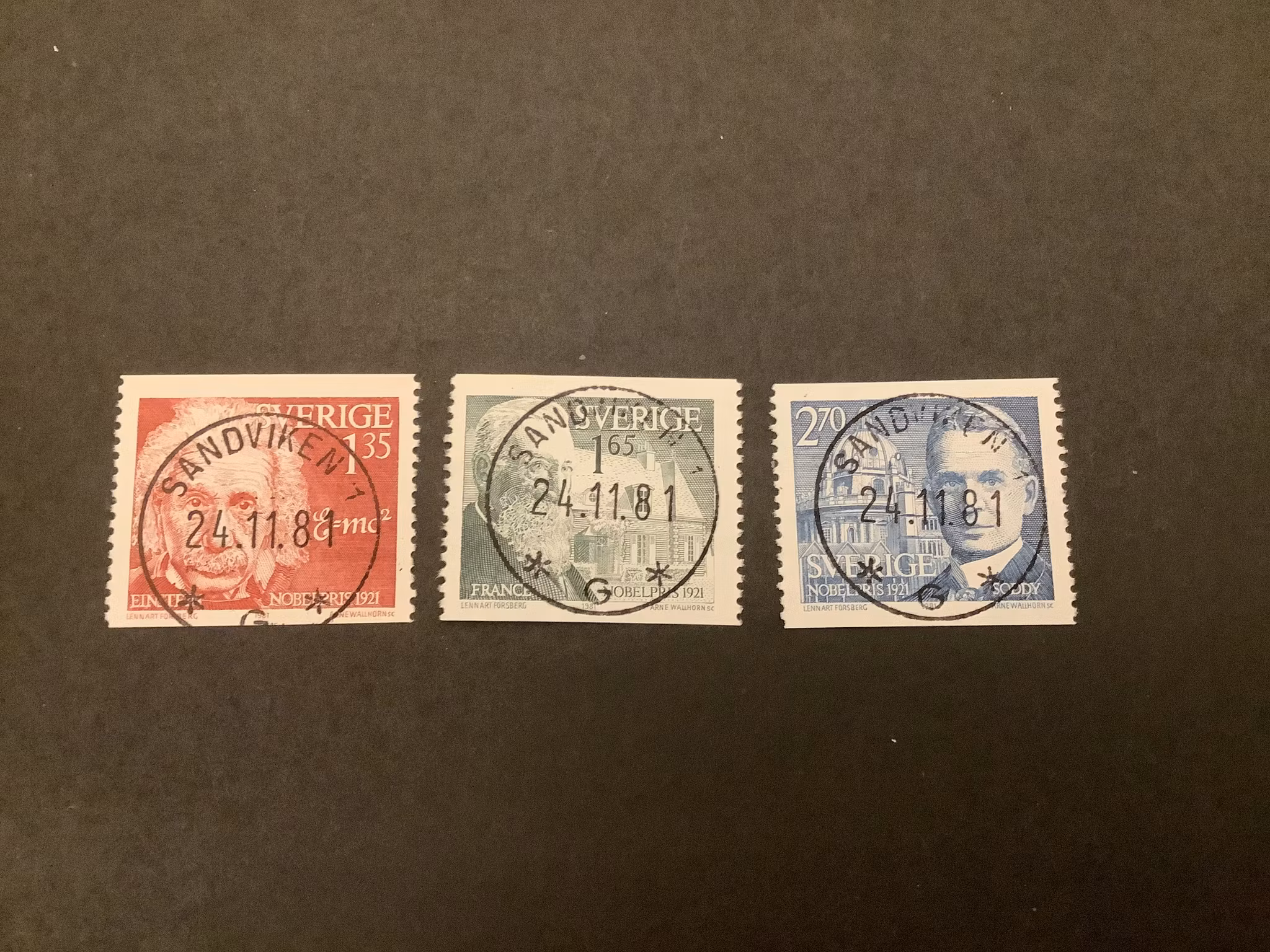 Nobelpris 1921 facit nr 1192-1194 Lyxstämplad serie SANDVIKEN 1