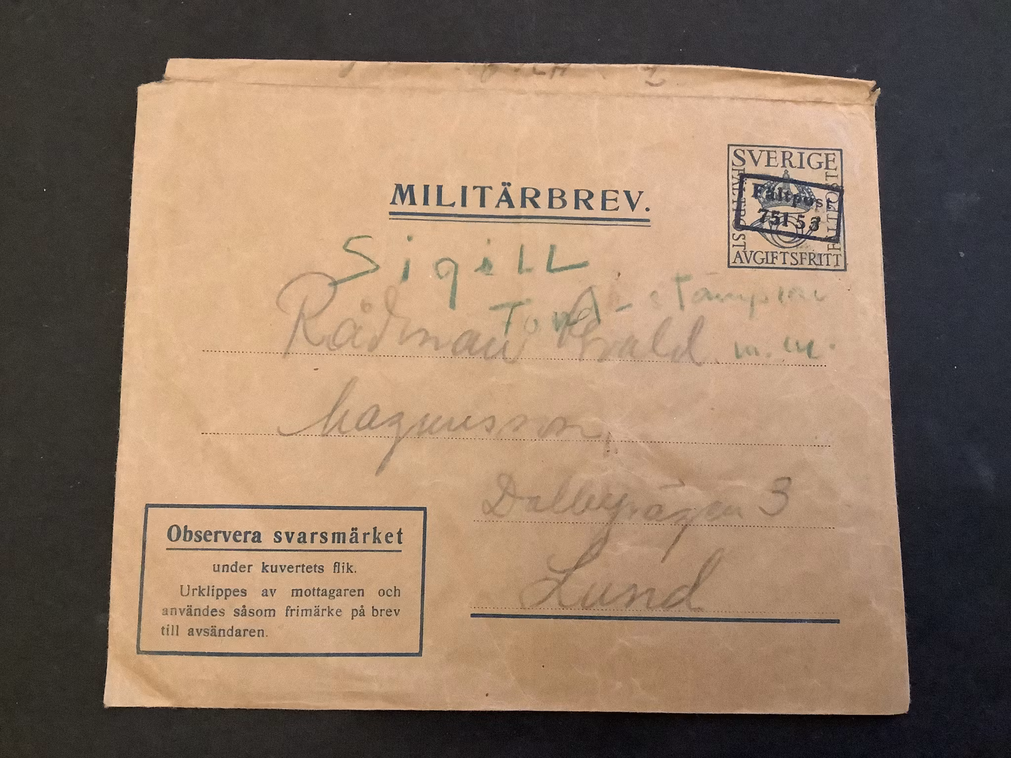 Militärbrev med försöksstämpel 751 53