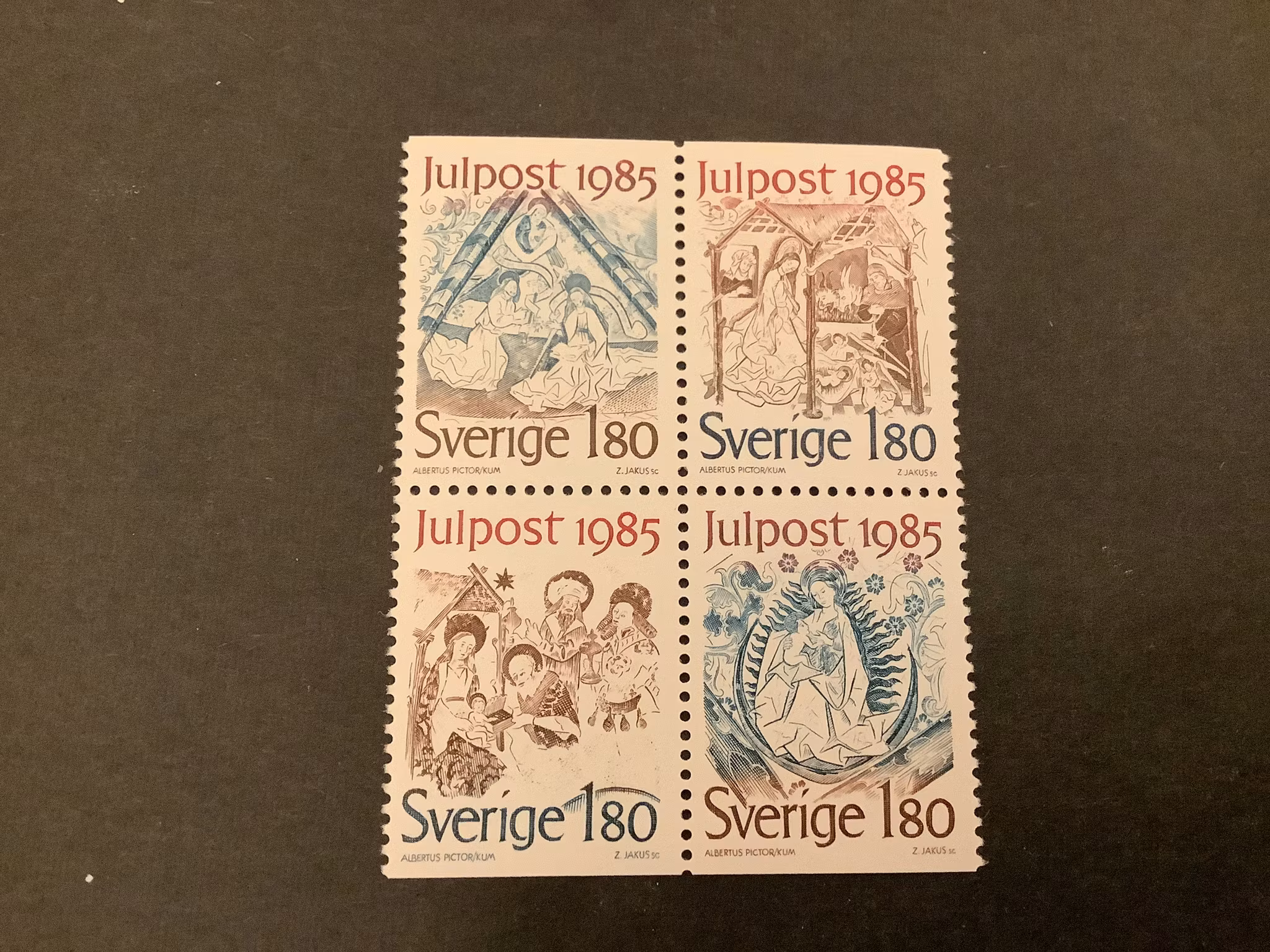 Julpost 1985 facit nr 1377-1380 i postfriskt block