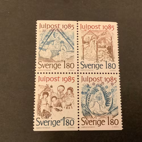 Julpost 1985 facit nr 1377-1380 i postfriskt block