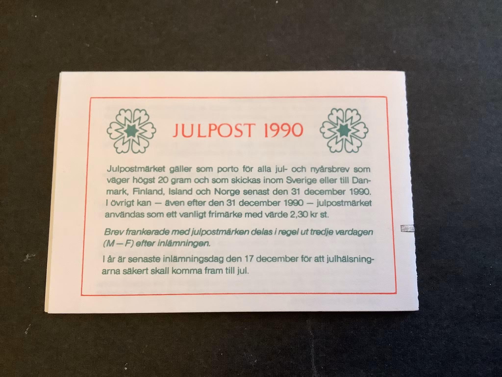 Julpost 1990 postfriskt häfte