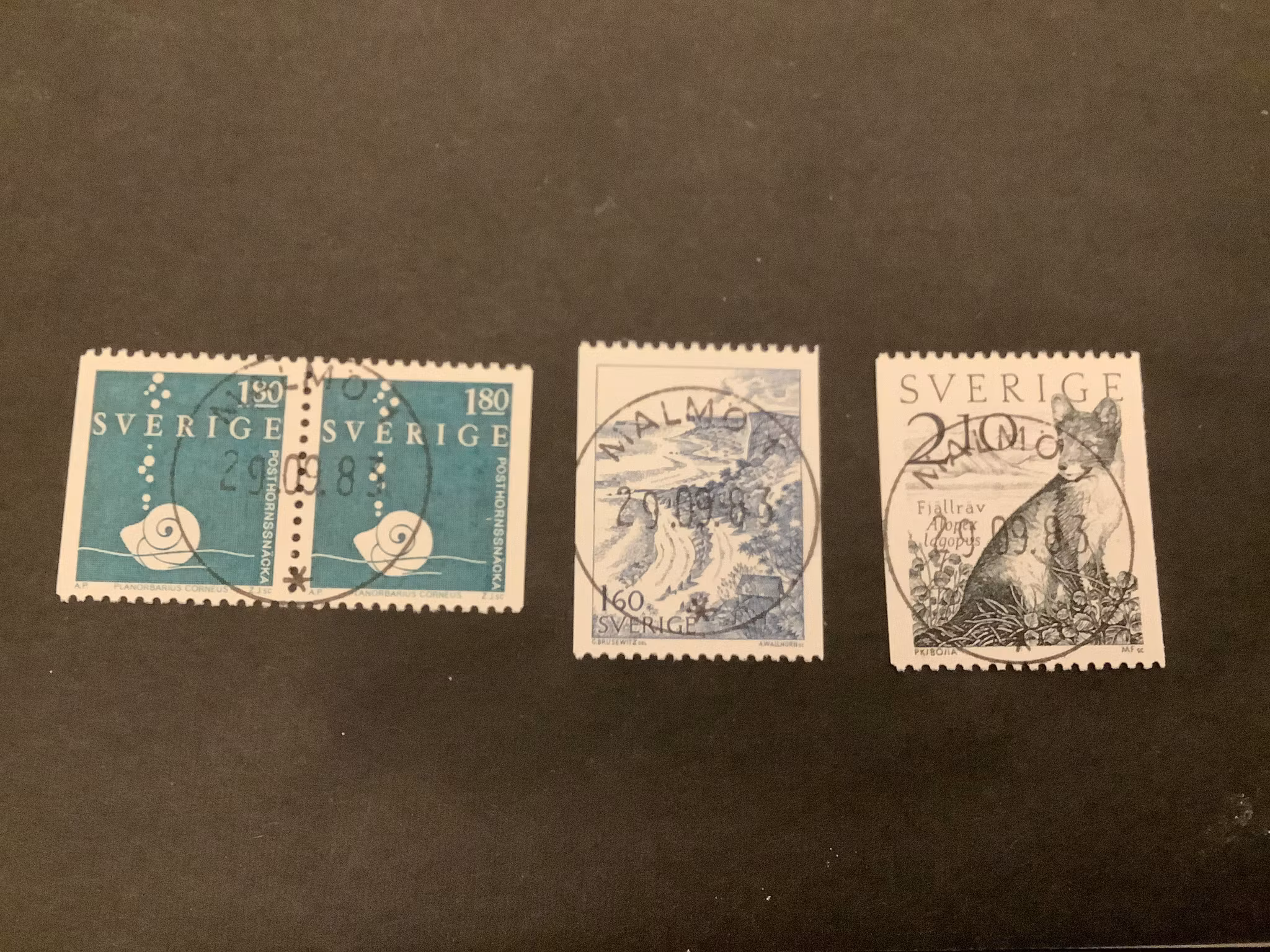 Posthornssnäcka, Stora Karlsö, fjällräv facit nr 1263-1265 i lyxstämplad serie MALMÖ 1