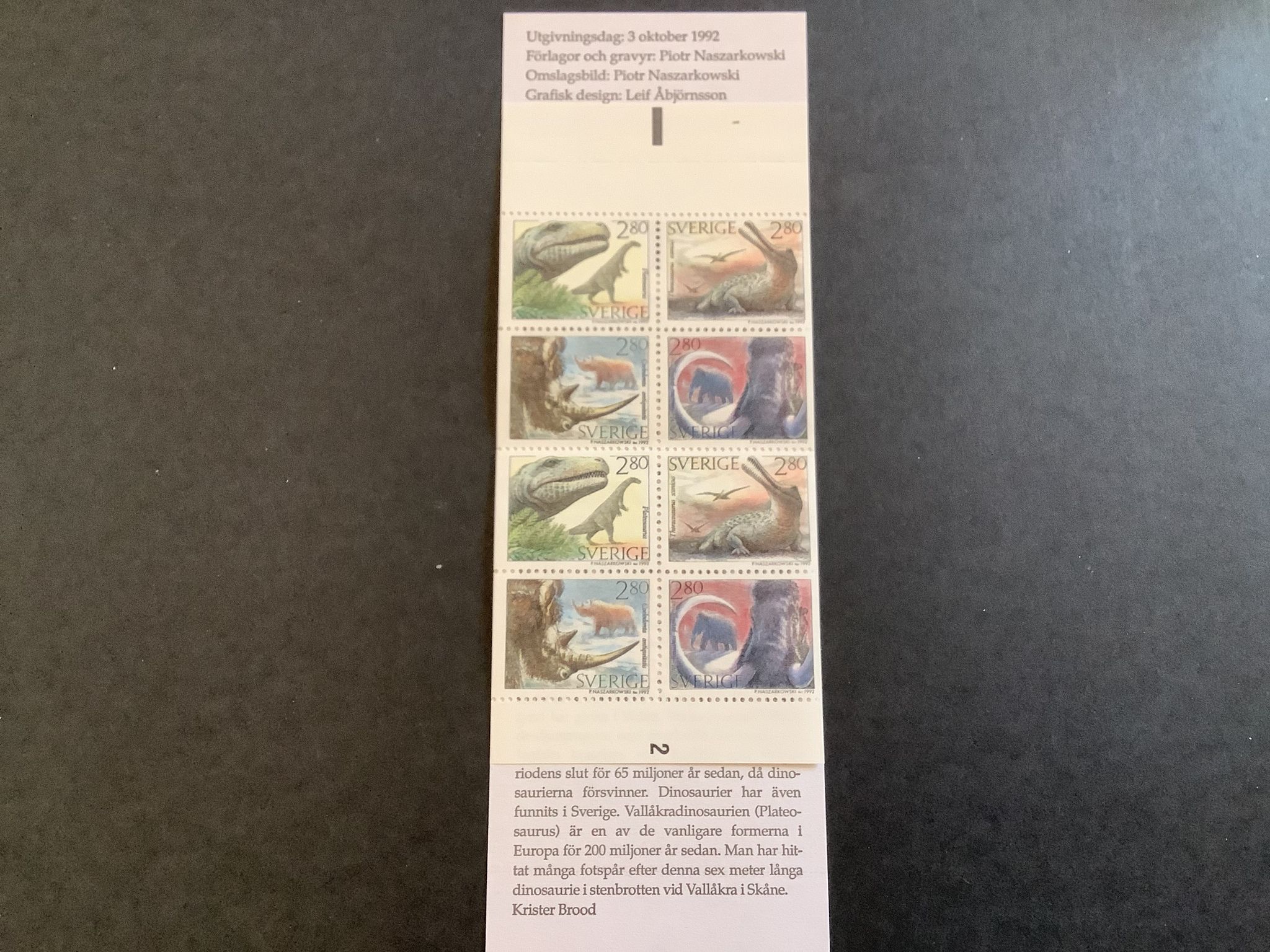 Förhistoriska djur 1992 postfriskt häfte med cylindersiffra 2