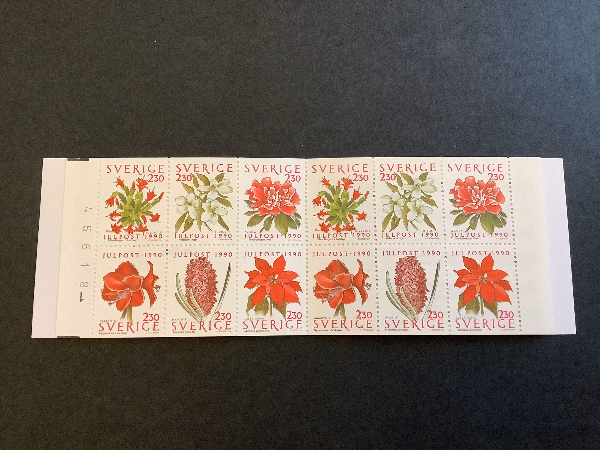 Inrikes julpost 1990 postfriskt häfte med cylindersiffra 1 och kontrollnummer