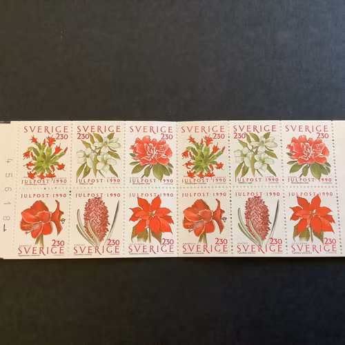 Inrikes julpost 1990 postfriskt häfte med cylindersiffra 1 och kontrollnummer