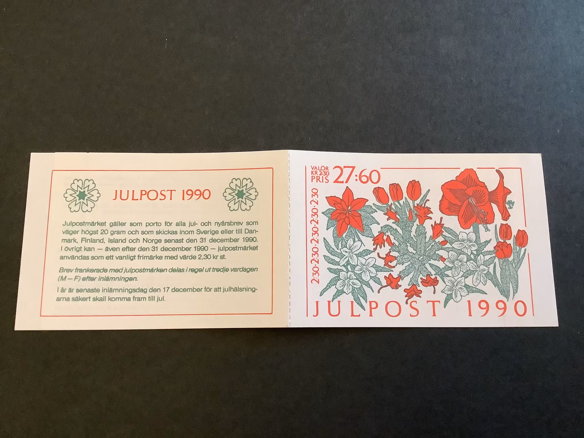 Inrikes julpost 1990 postfriskt häfte med cylindersiffra 1 och kontrollnummer