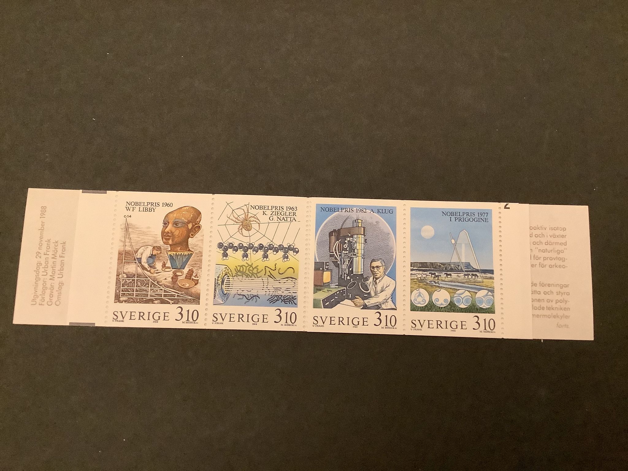 Nobelpristagare kemi 1988 postfriskt häfte med underdel av cylindersiffra 2