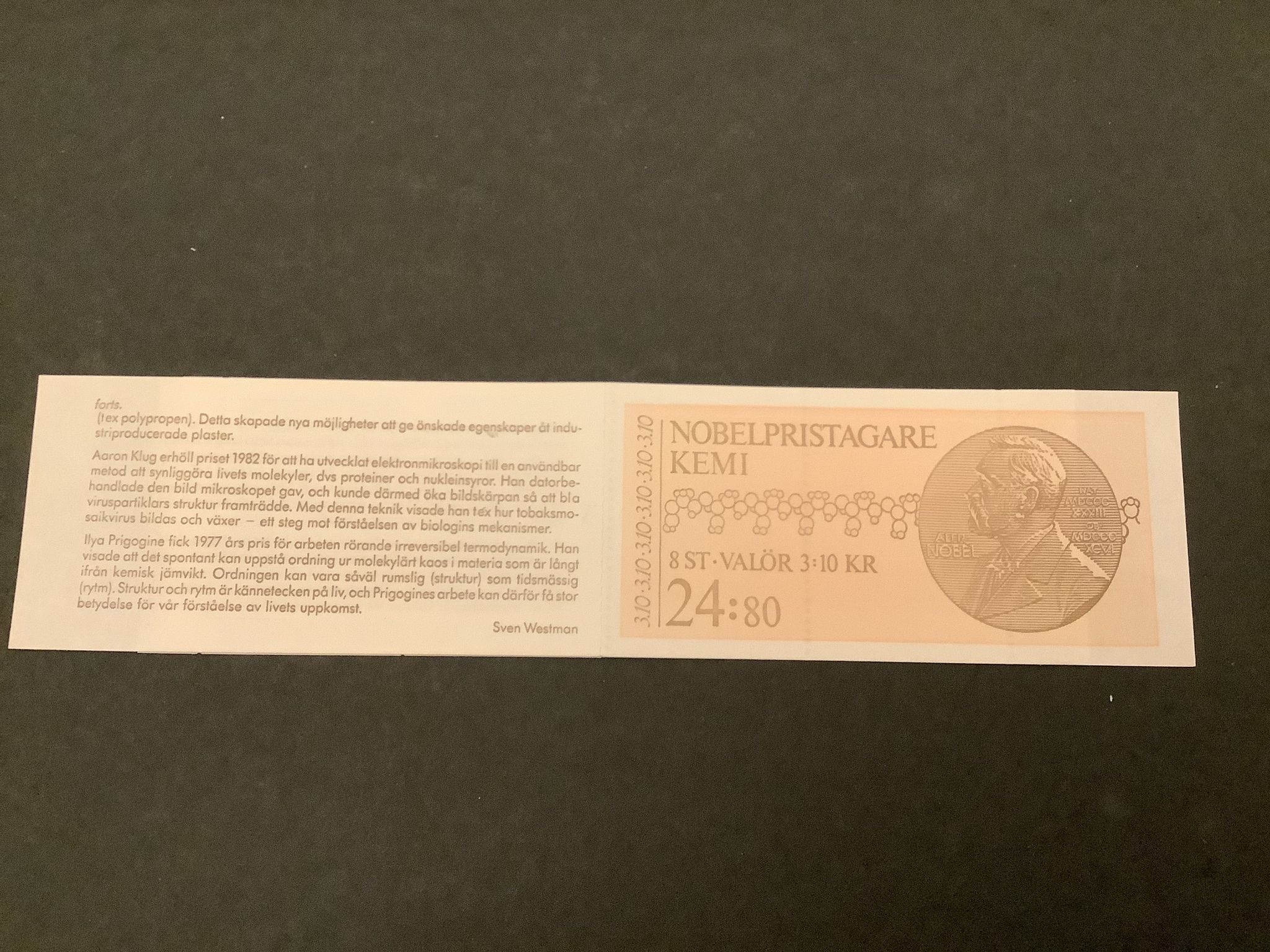 Nobelpristagare kemi 1988 postfriskt häfte med underdel av cylindersiffra 2