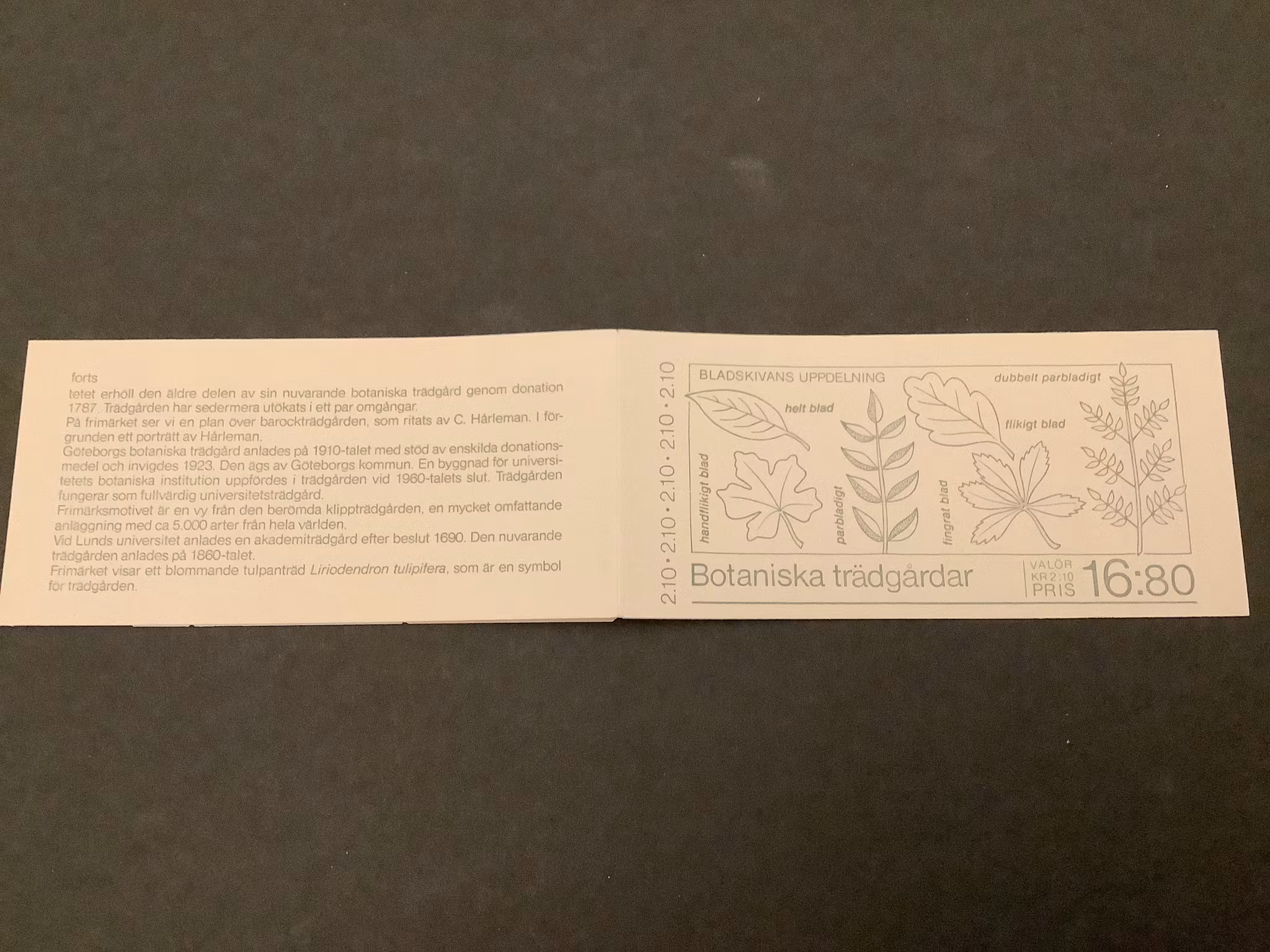 Botaniska trädgårdar 1987 postfriskt häfte med kontrollnummer