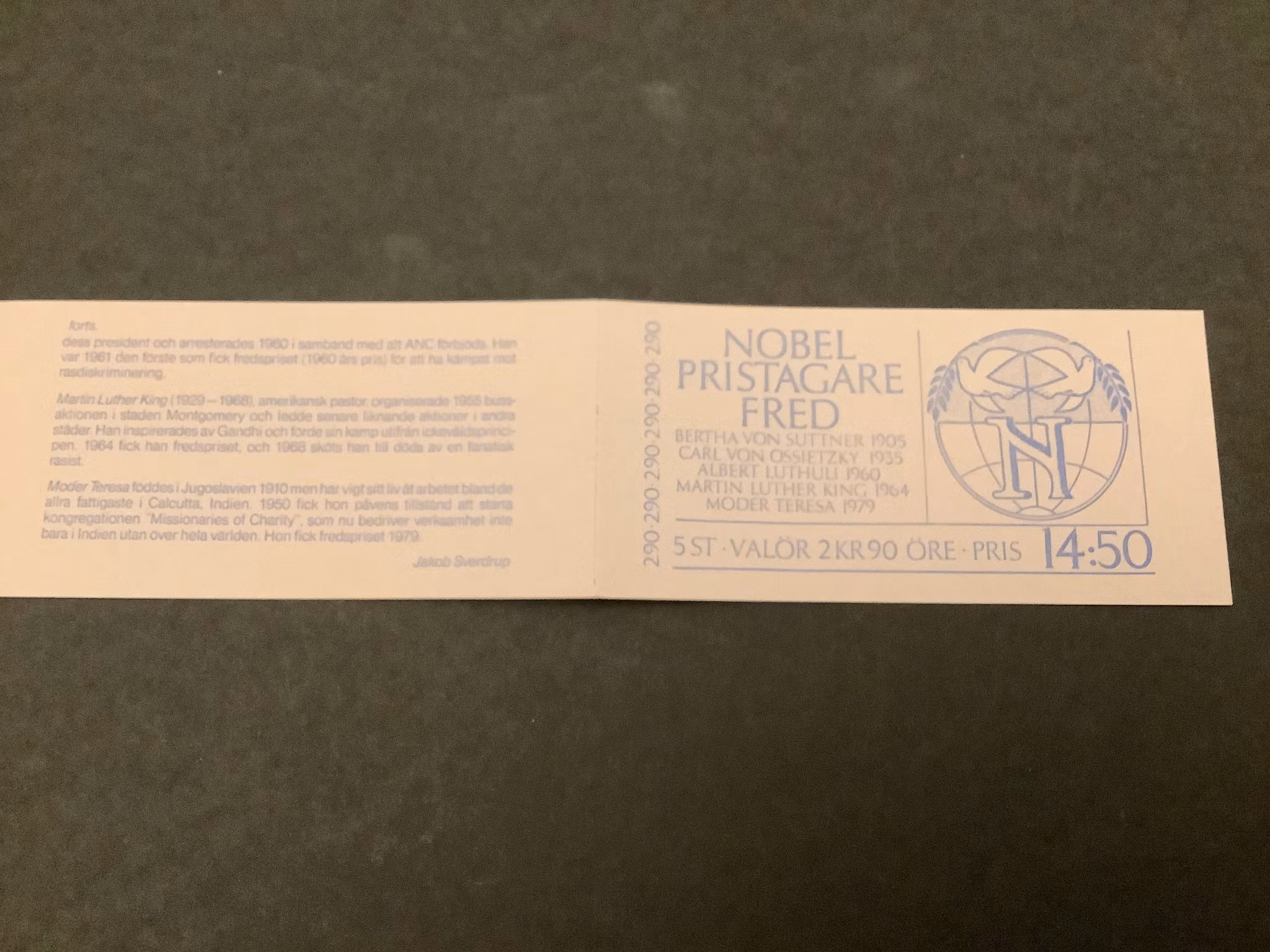 Nobelpristagare fred 1986 postfriskt häfte med kontrollnummer
