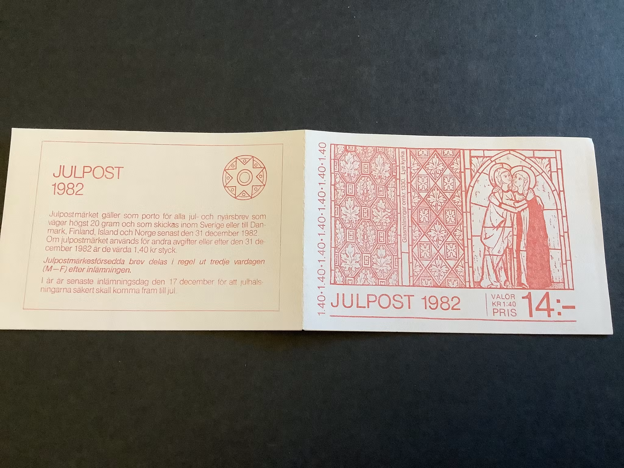 Julpost inrikes 1982 postfriskt häfte med kontrollnummer