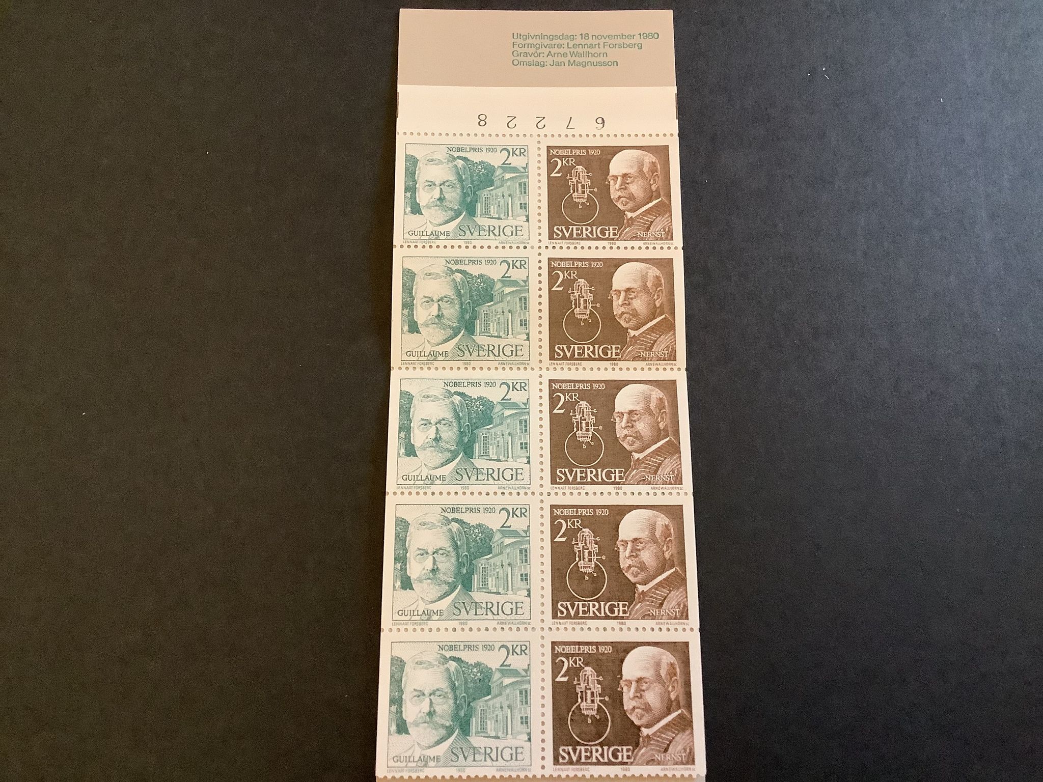 Nobelpristagare 1920 postfriskt häfte med kontrollnummer