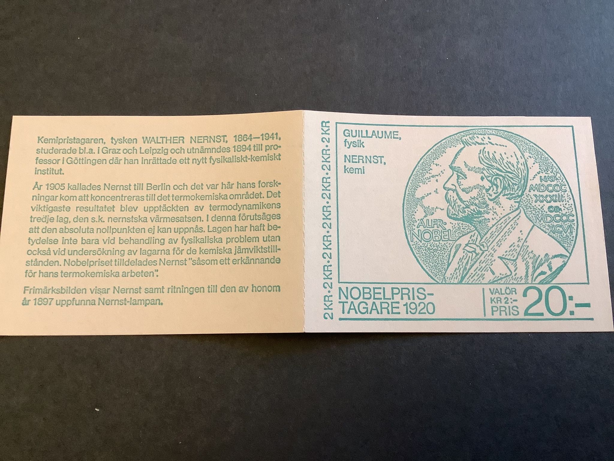 Nobelpristagare 1920 postfriskt häfte med kontrollnummer