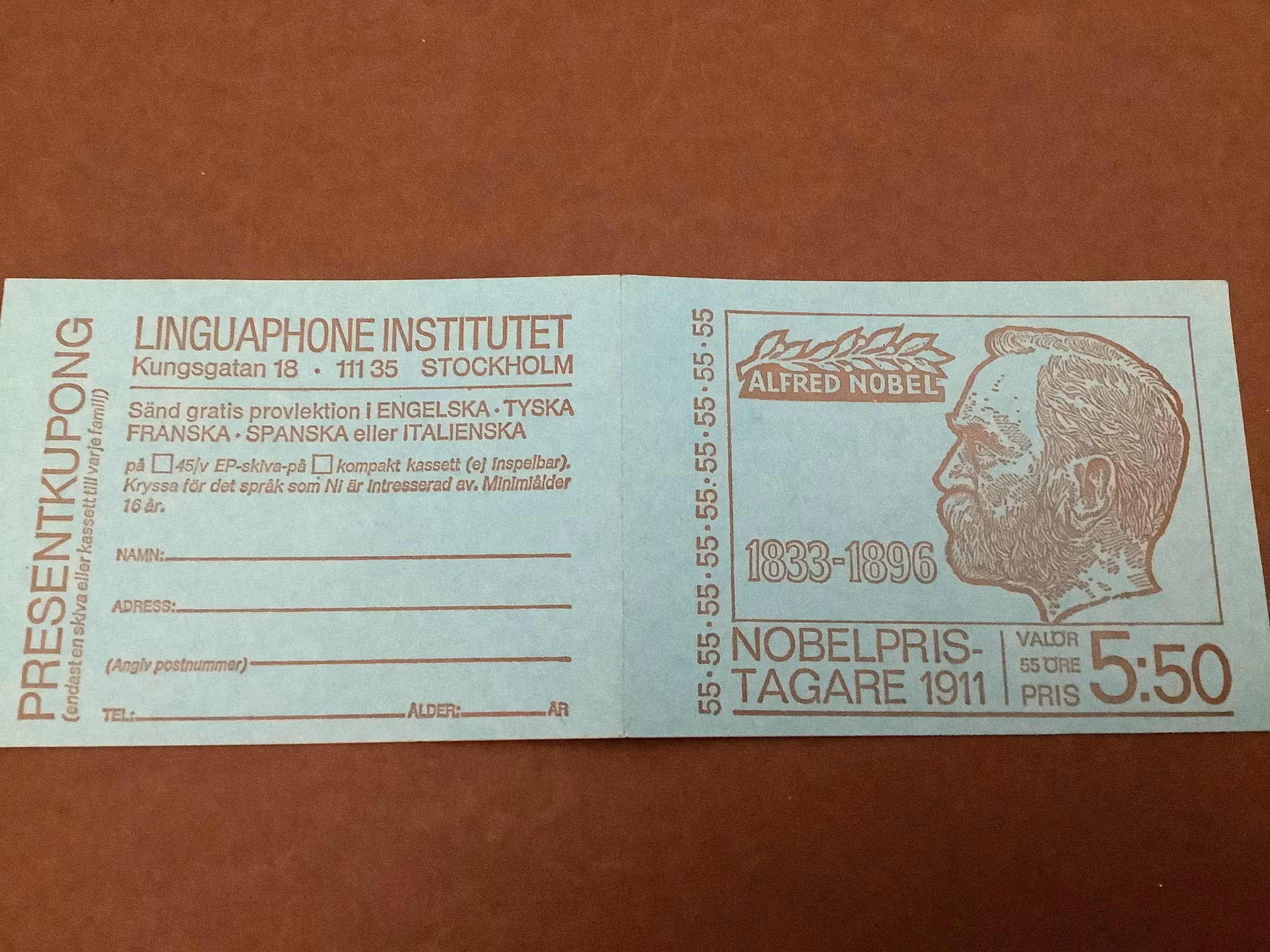 Nobelpris 1911 postfriskt häfte