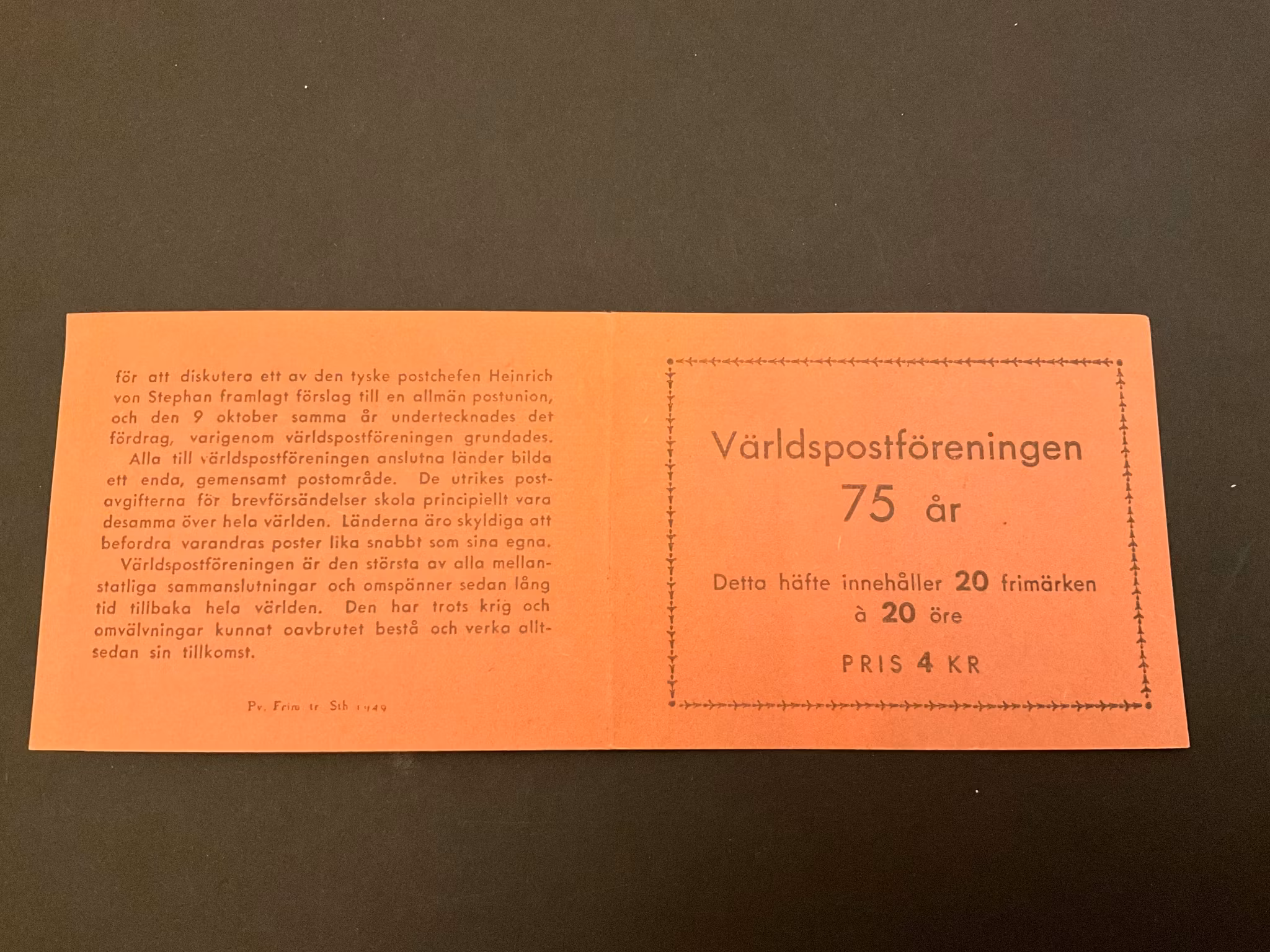 Världpostföreningen UPU 75 år postfriskt häfte
