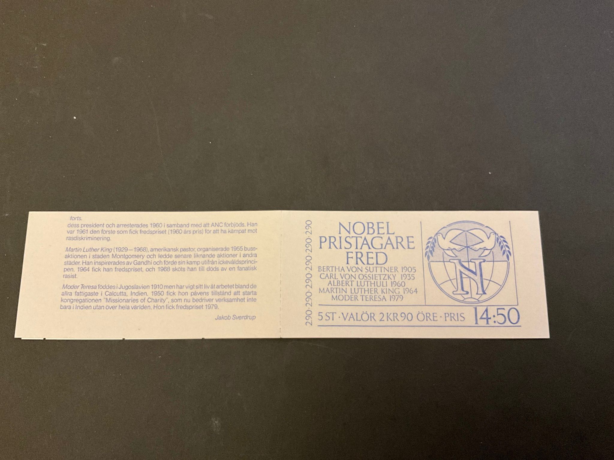 Nobelpris fred 1986 postfriskt häfte