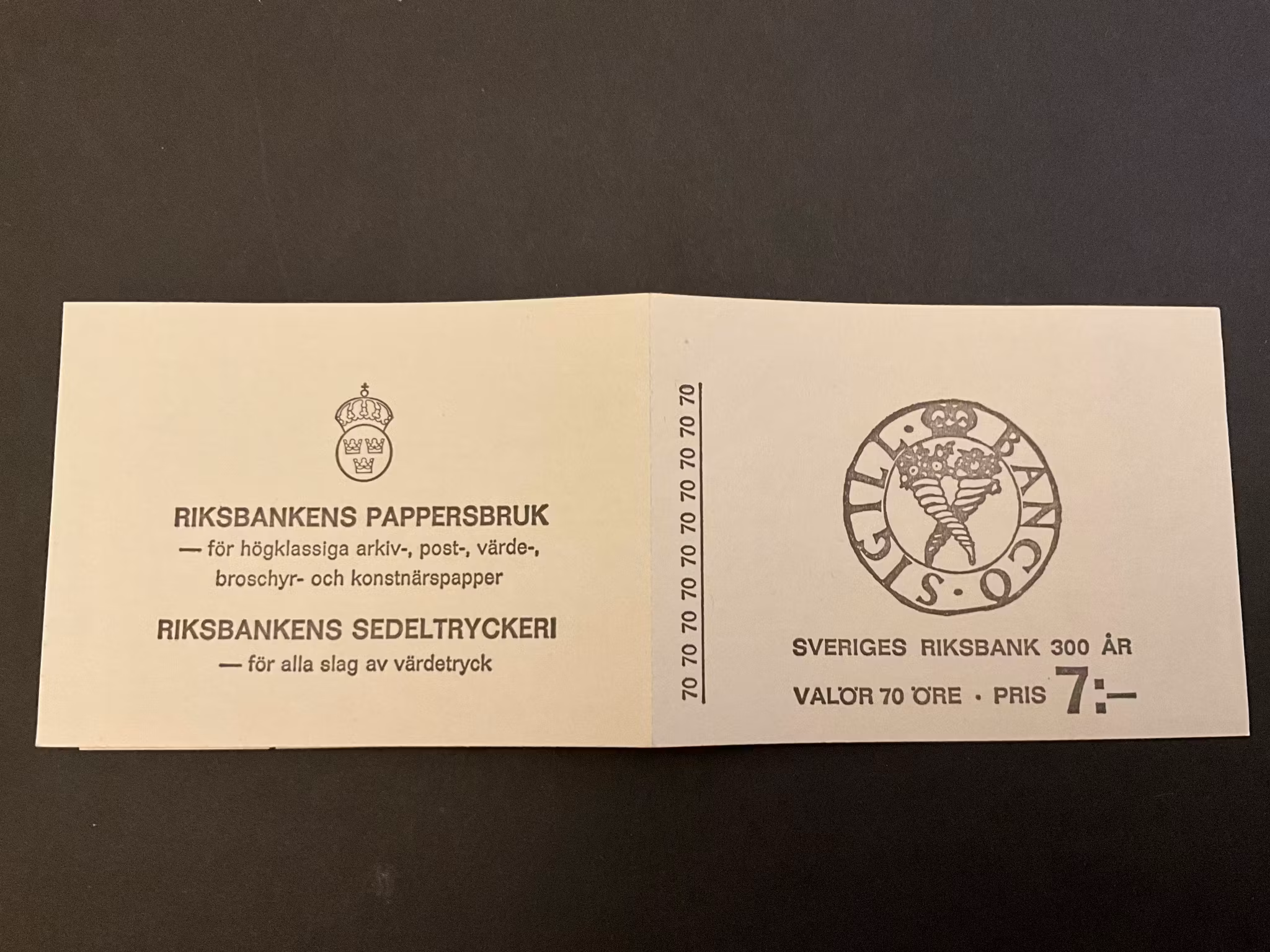 Sveriges riksbank 300 år postfriskt häfte 10x70 öre