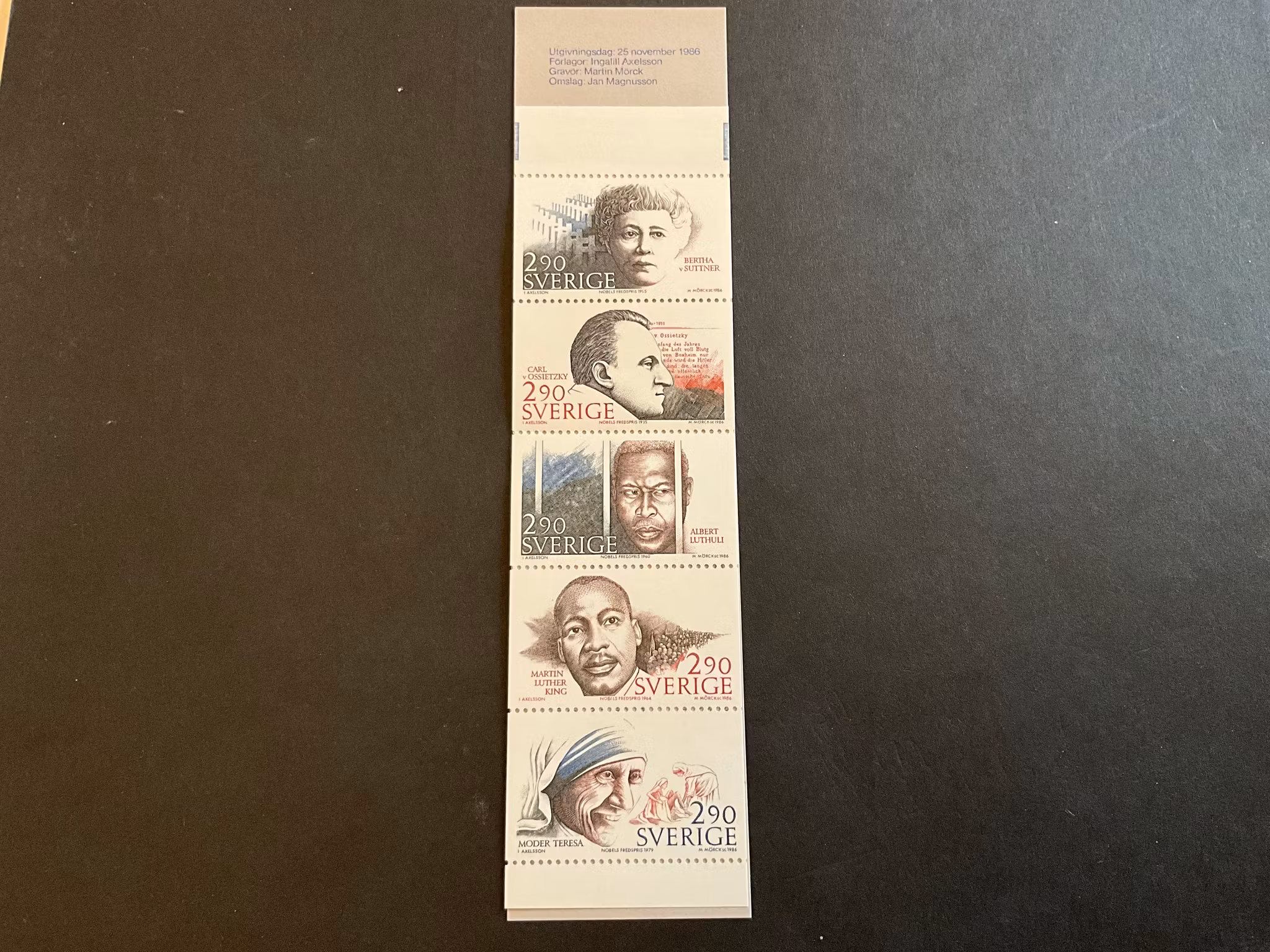 Nobelpris fred 1986 postfriskt häfte