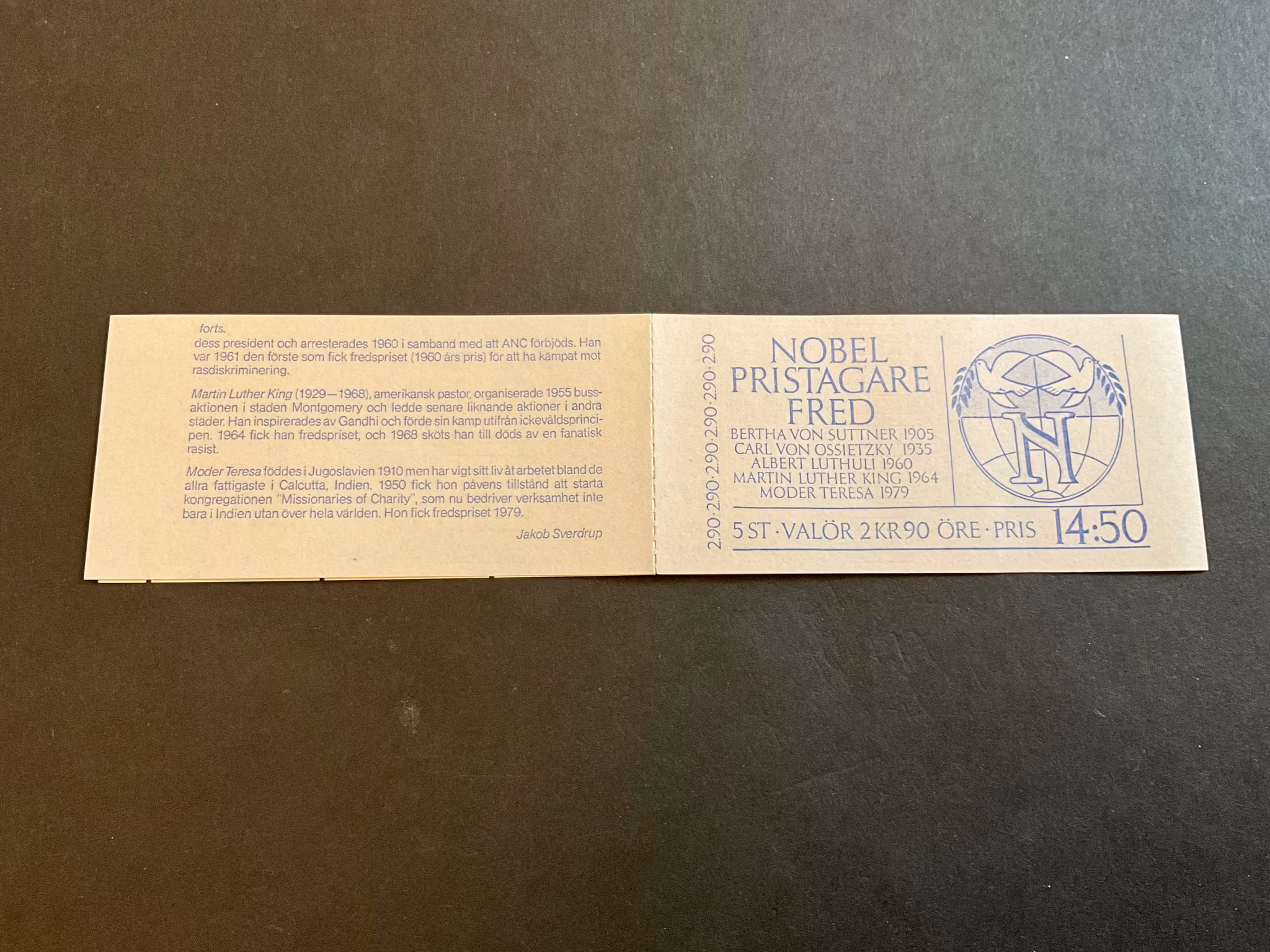 Nobelpris fred 1986 postfriskt häfte