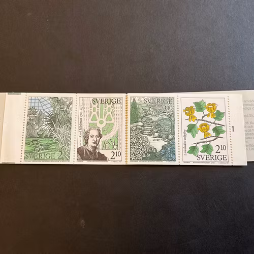 Botaniska trädgårdar postfriskt häfte, litet veck i omslag, cylindersiffra 1