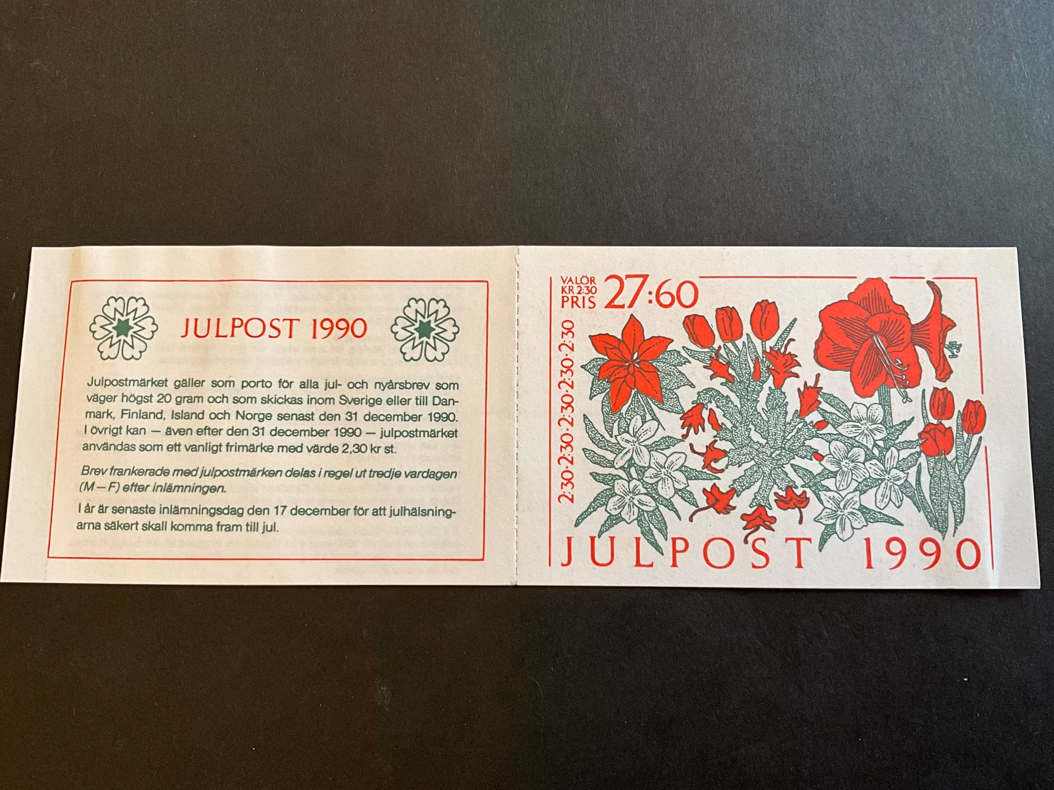 Inrikes julpost 1990 postfriskt häfte med cylindersiffra 2