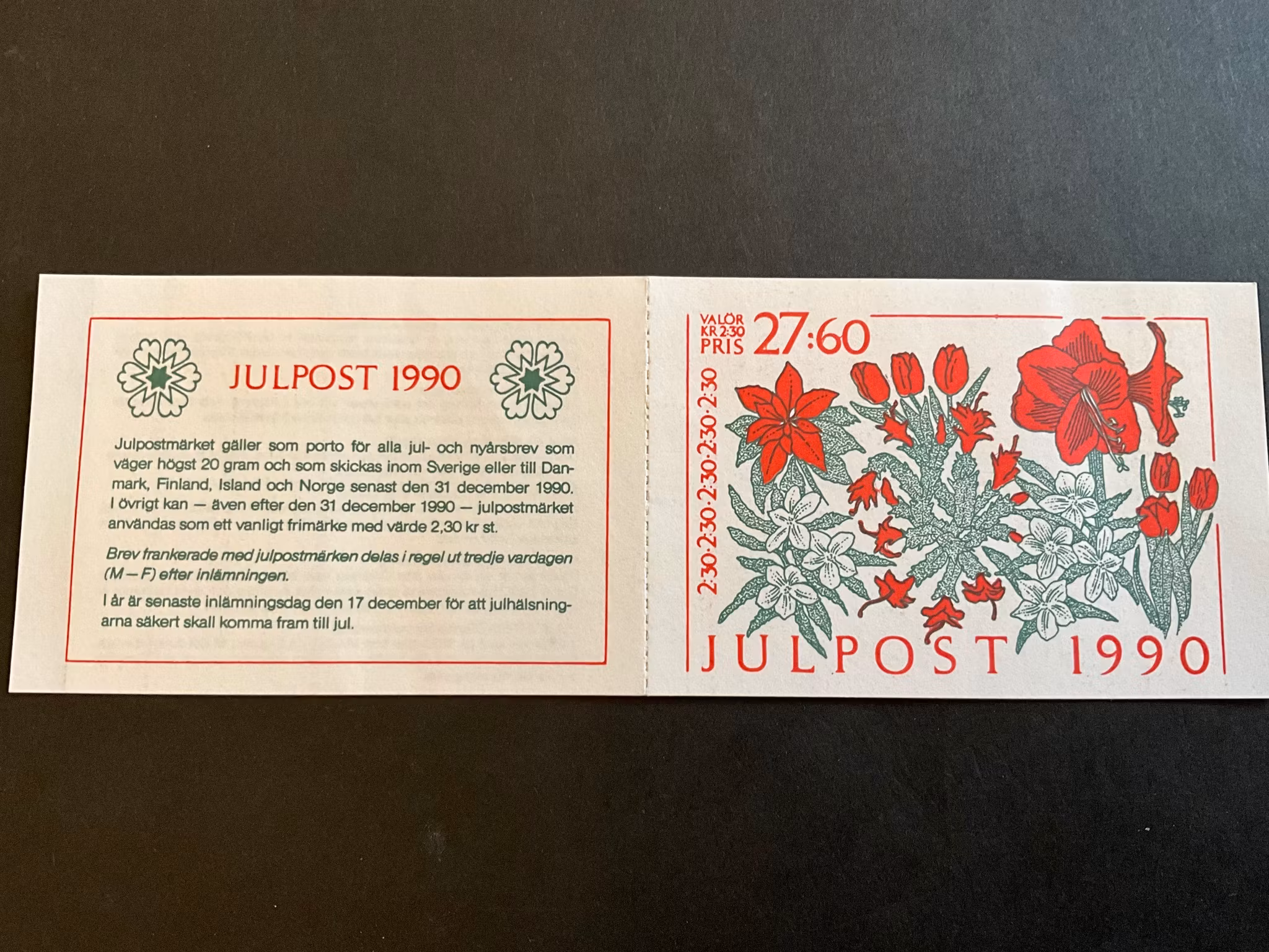 Inrikes julpost 1990 postfriskt häfte med kontrollnummer