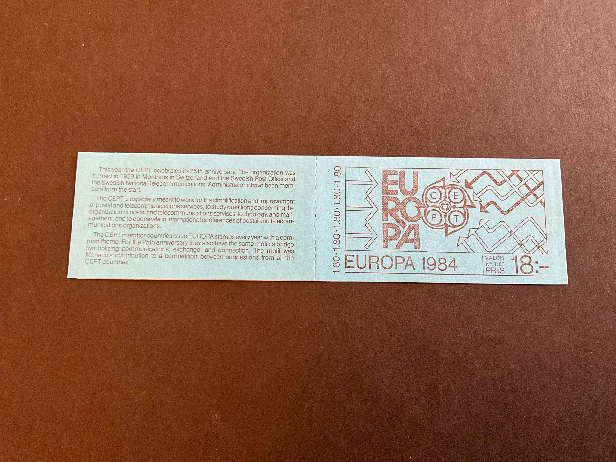 Europa 1984 postfriskt häfte med cylindersiffra 1