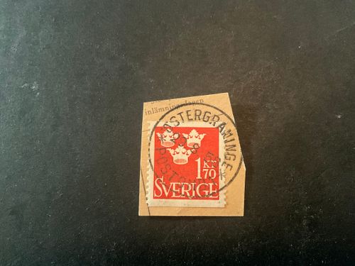 Tre kronor facit nr 304 praktstämplat på klipp VÄSTERHANINGE *POSTOMB 1*