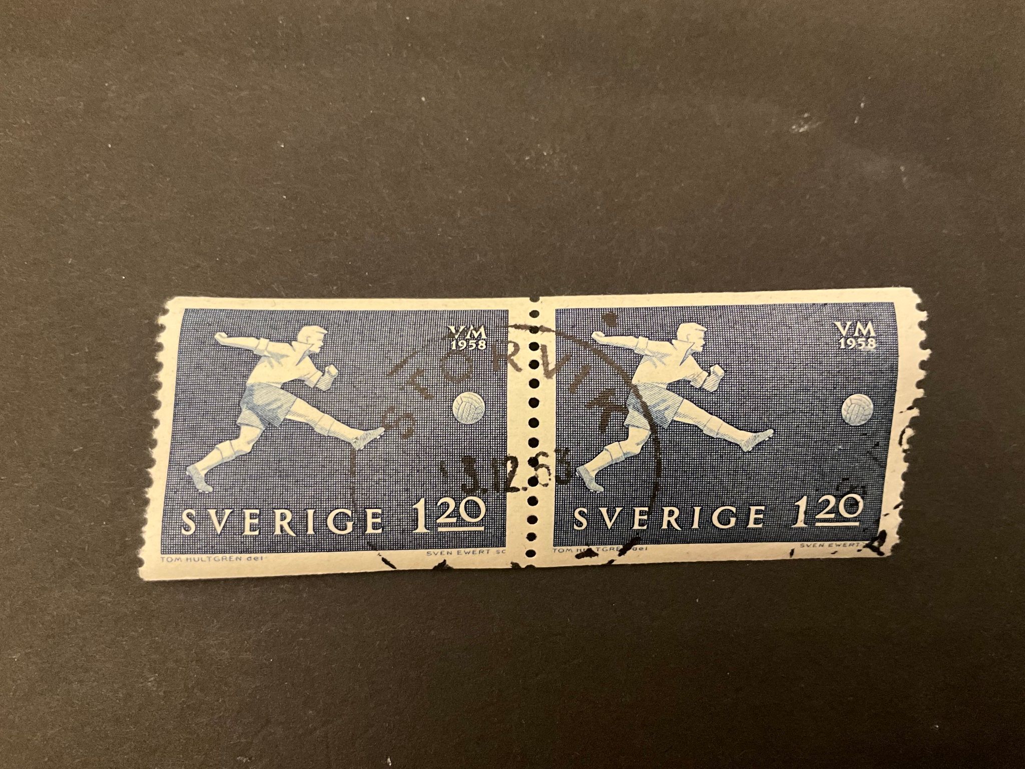 VM i fotboll 1958 praktstämplat 2+2-sidigt par facit nr 494 praktstämplat STORVIK