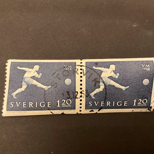 VM i fotboll 1958 praktstämplat 2+2-sidigt par facit nr 494 praktstämplat STORVIK