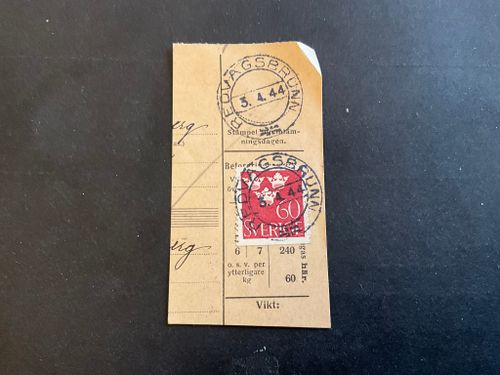 Tre kronor facit 286 praktstämplat på klipp REDVÄGSBRUNN