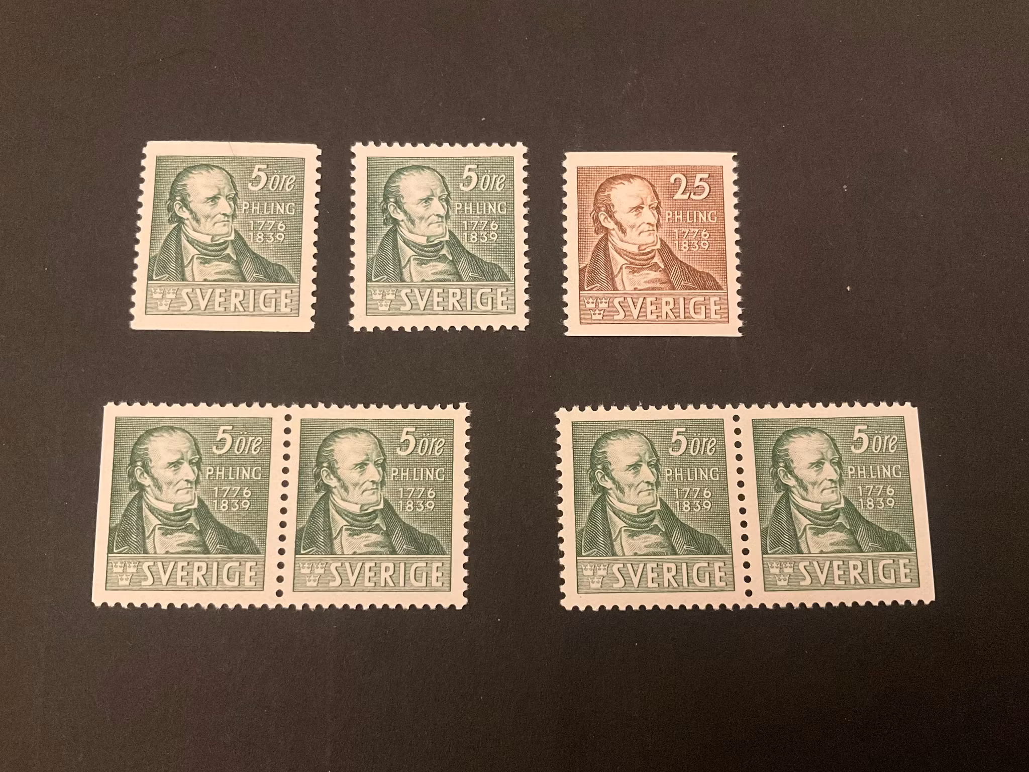P H Ling postfrisk serie, facit nr 318 A, 318 C, 318 BC, 318 CB, 319