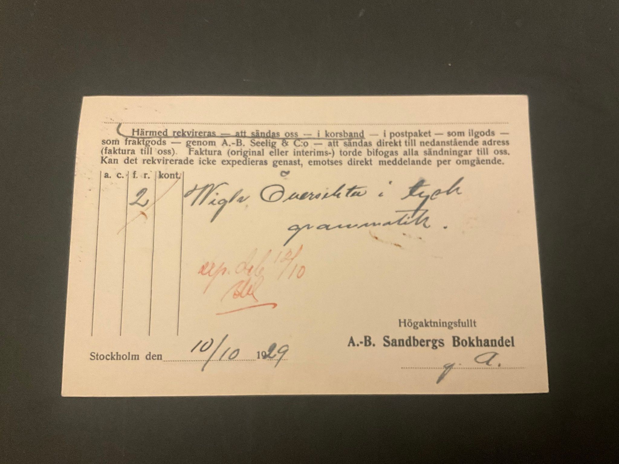 Bokrekvisitionskort frankerat med facit nr 143 A