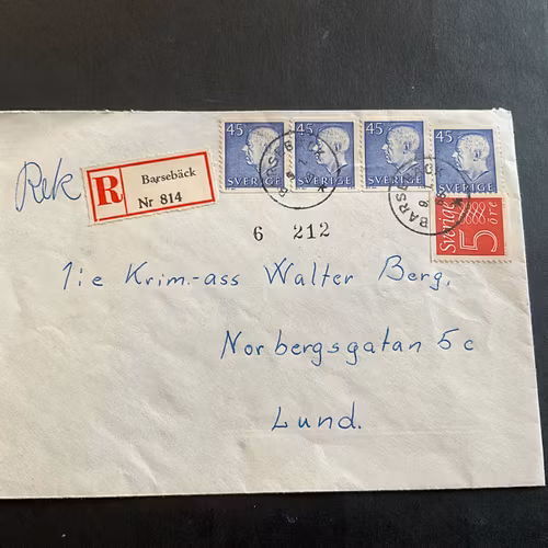 Brev med rek etikett Barsebäck, stämplat Barsebäck