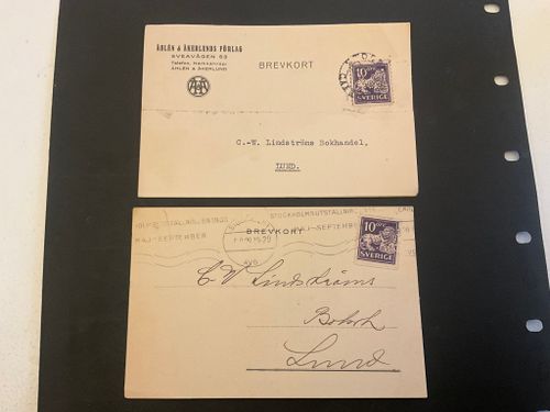 2 st brevkort frankerade med stående lejon , skyddsperforerade märken