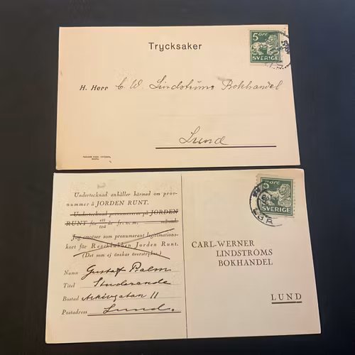 2 st trycksaker frankerade med stående lejon