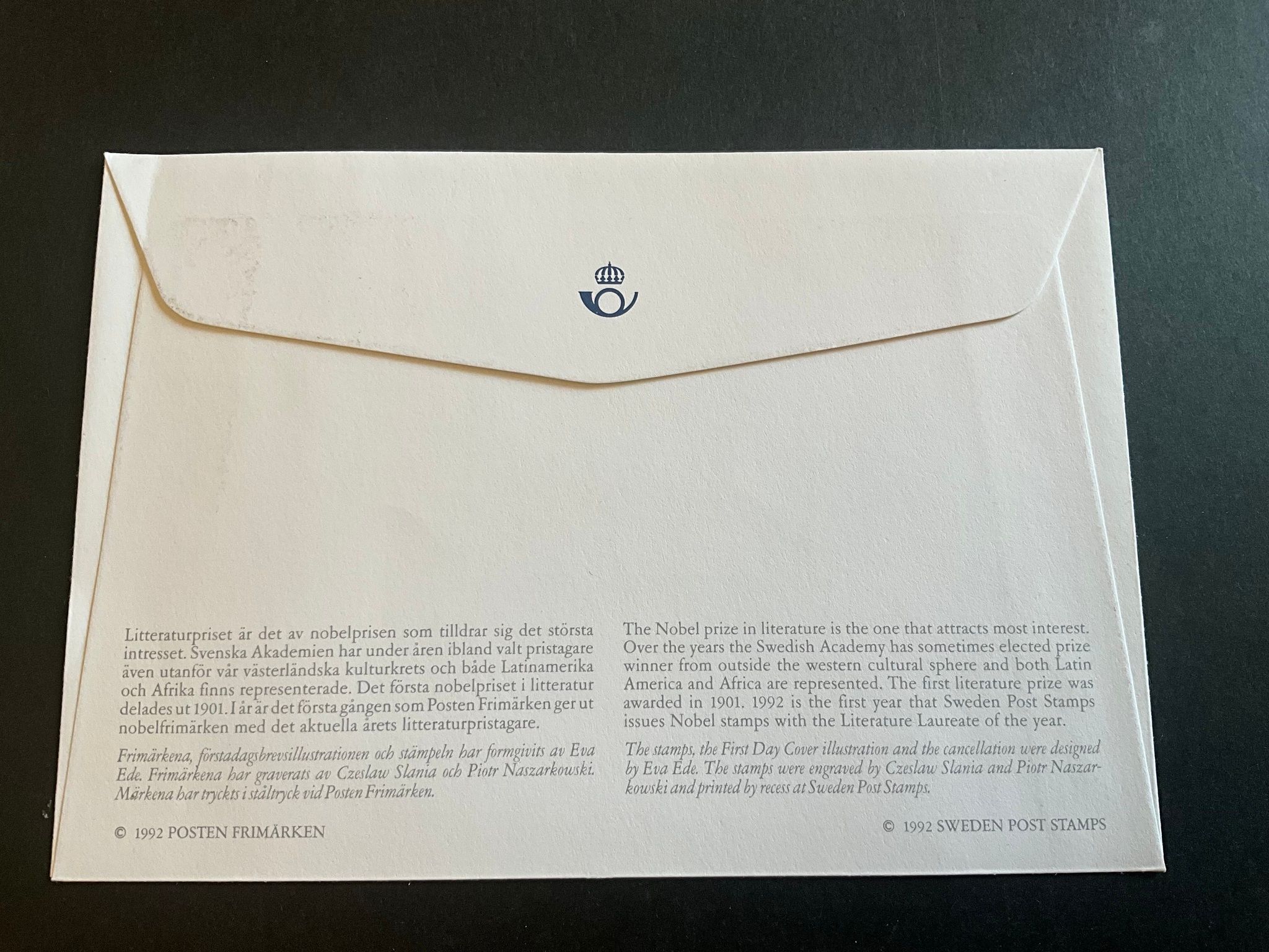 FDC Nibelpristagare Litteratur 1992 facit nr 1769-1770
