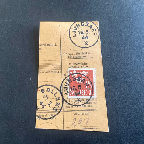 Tre kronor facit 297 stämplat på klipp LJUNGSARP och BOLLNÄS