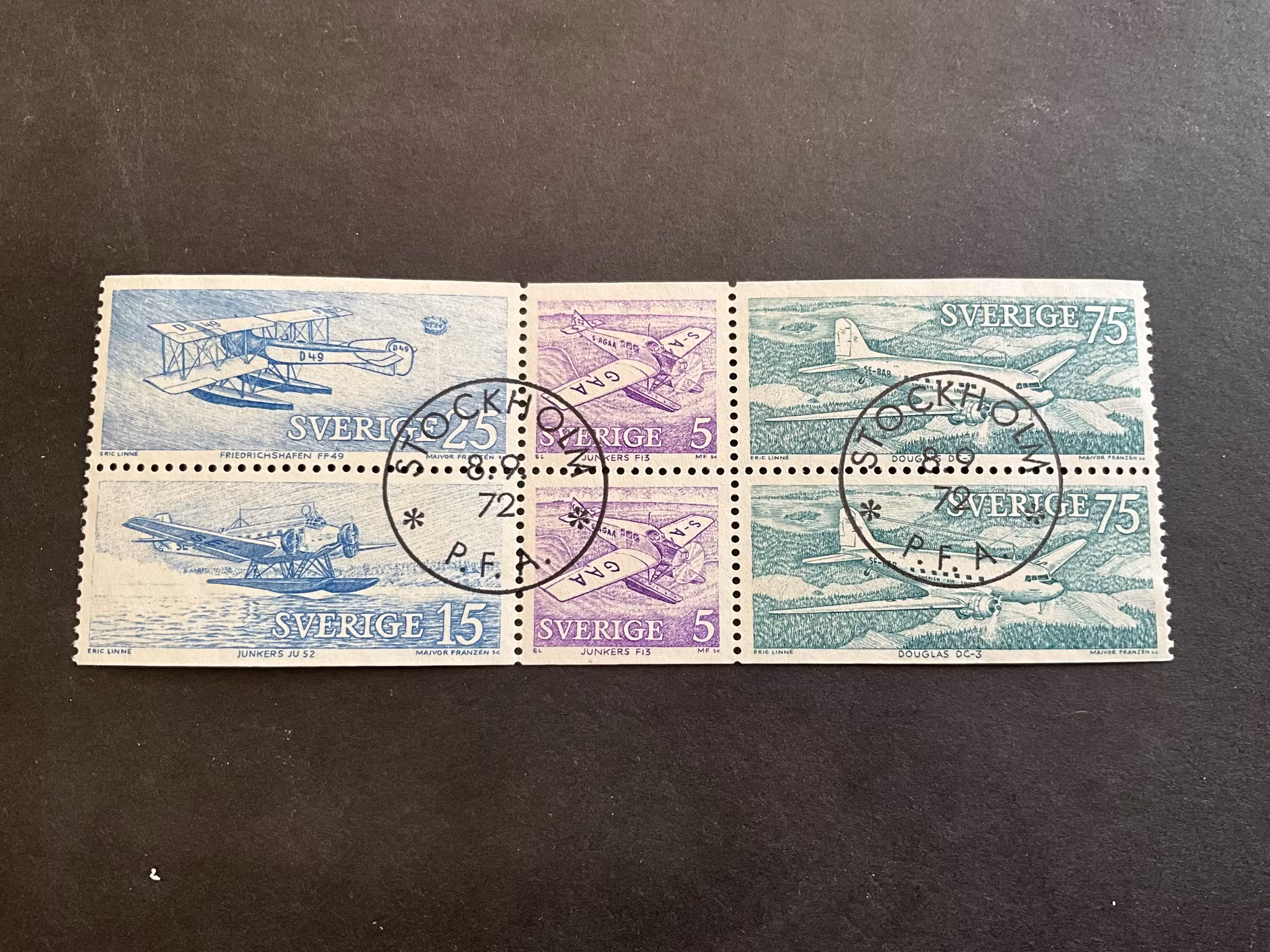 Postflyg facit nr 778-781 lyxstämplat block STOCKHOLM
