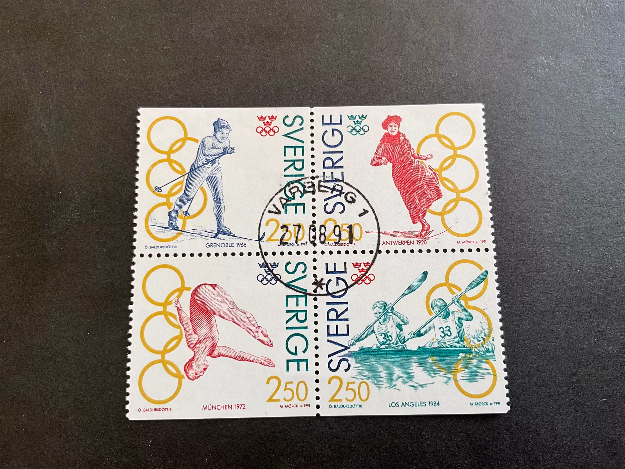 Olympiskt guld I facit nr 1697-1700 lyxstämplat block VARBERG 1