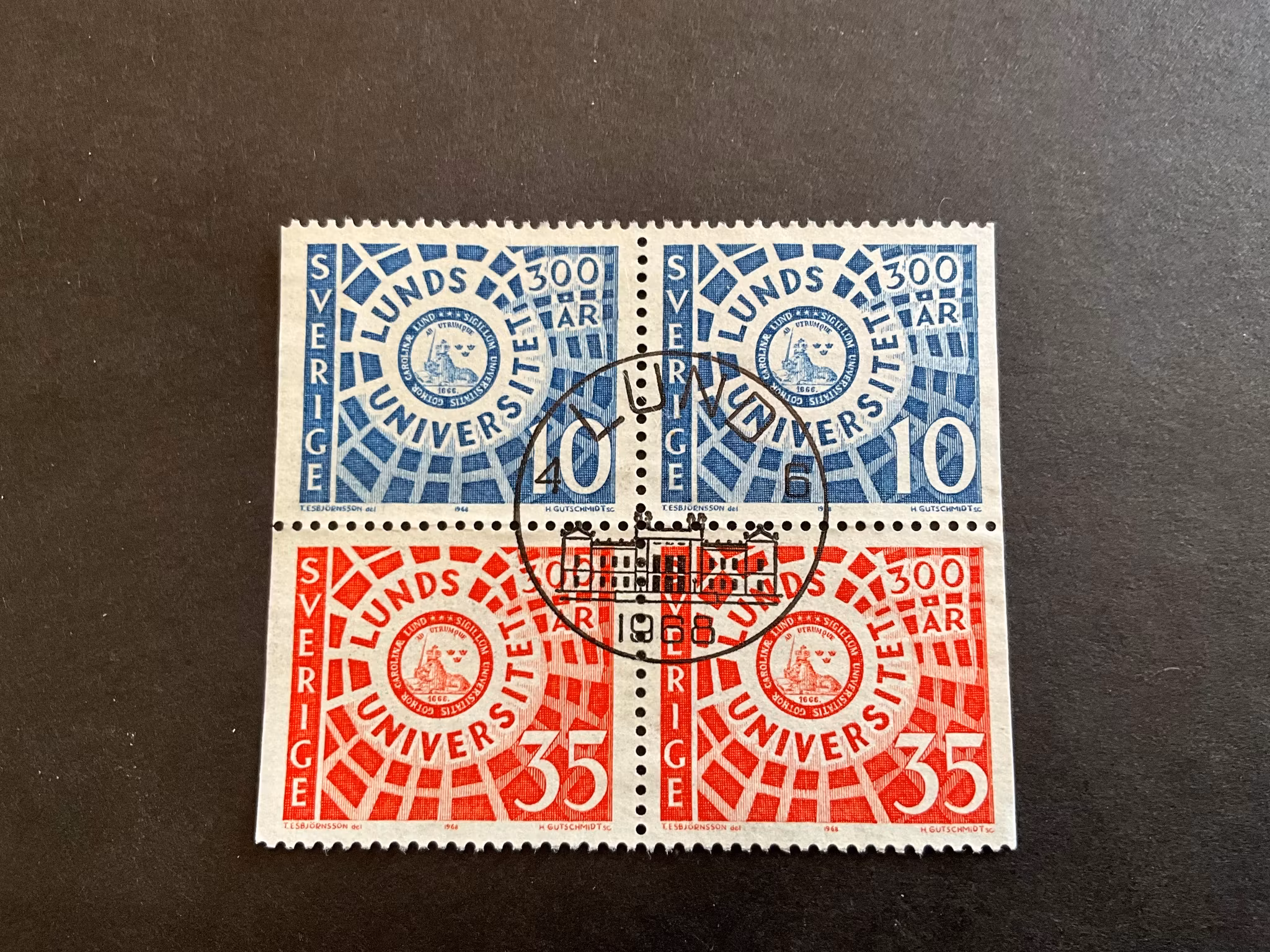 Lunds universitet facit nr 631-632 i lyxstämplat 4-block LUND
